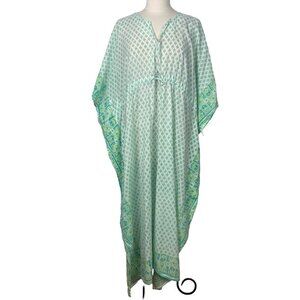 Rikshaw Design Caftan One Size Green Blue Block Print Cotton Boho Coastal